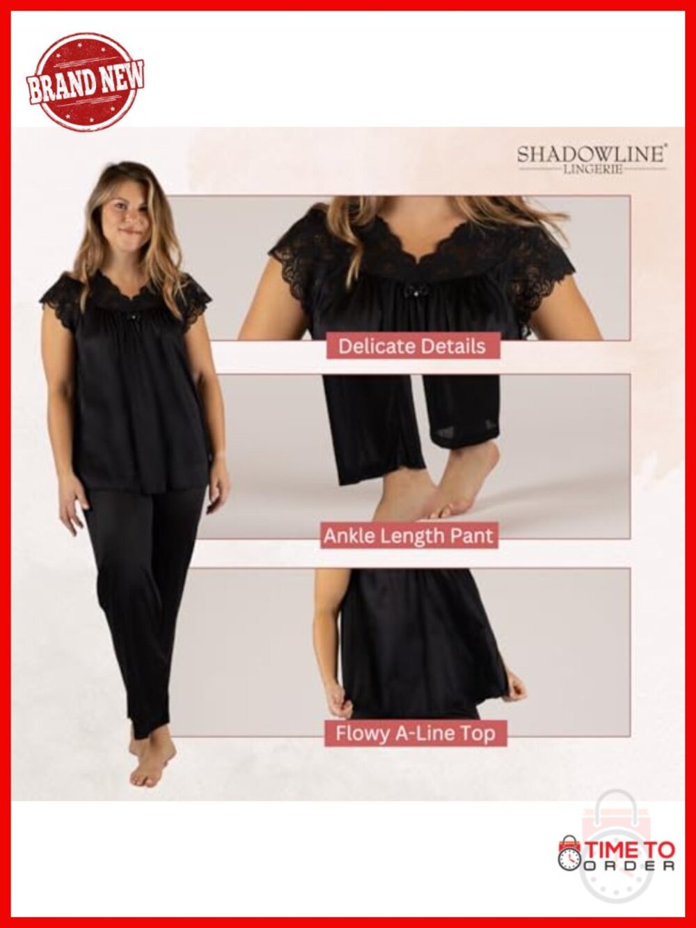 Shadowline Lace Cap Sleeve Pajama Set 100% Nylon Satintrique Tricot Sleepwear - Picture 4 of 6